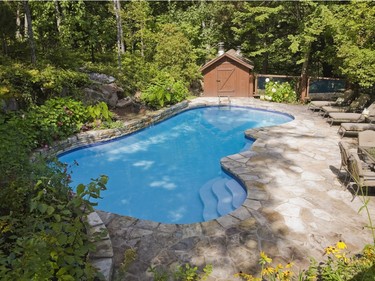 Tall deciduous trees filter the sun around the sunken pool, which also features a waterfall. (Photo by Perry Mastrovito)