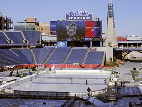 Workers prepare the Winter Classic hockey rink on the football field of Gillette Stadium in Foxborough, Mass., Monday, Dec. 28, 2015. The Montreal Canadiens face the Boston Bruins in the New Year's Day hockey game. Gillette Stadium is the home of the New England Patriots.