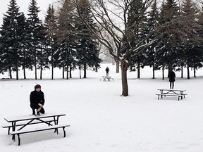 "A table per person in this gigantic white parc in the middle of the city."