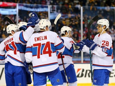 The Montreal Canadiens celebrate after defeating the Boston Bruins during the 2016 Bridgestone NHL Winter Classic at Gillette Stadium on January 1, 2016, in Foxboro, Massachusetts.