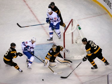 Tuukka Rask #40 of the Boston Bruins makes a save in the third period against Paul Byron #41 of the Montreal Canadiens during the 2016 Bridgestone NHL Winter Classic at Gillette Stadium on January 1, 2016, in Foxboro, Massachusetts.