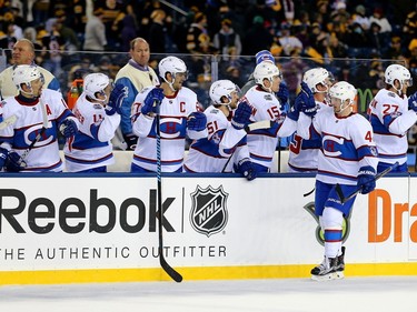 Paul Byron #41 of the Montreal Canadiens celebrates scoring his second goal and team's fifth against the Boston Bruins in the third period during the 2016 Bridgestone NHL Winter Classic at Gillette Stadium on January 1, 2016, in Foxboro, Massachusetts.