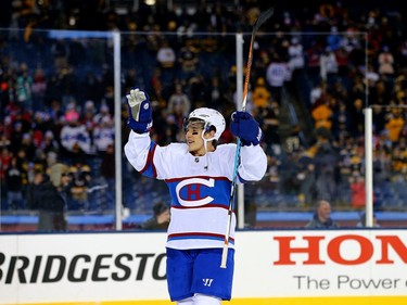 Brendan Gallagher of the Montreal Canadiens celebrates after defeating the Boston Bruins during the 2016 Bridgestone NHL Winter Classic at Gillette Stadium on January 1, 2016, in Foxboro, Massachusetts.