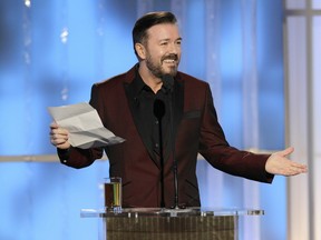 Ricky Gervais, seen at the 69th Annual Golden Globe Awards in 2012, returns as host on Sunday.