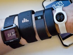 Fitness trackers, from left, Basis Peak, Adidas Fit Smart, Fitbit Charge, Sony SmartBand, and Jawbone Move.