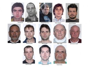 Didier Chetelat; Jonathan St-Pierre, Claude Paquette, David Boucher, Simon Brochu, Dave Turcotte, Patrick Charbonneau, Vincent Rodrigue, Kenneth Jodoin, Francis Perron, Jean-Marc St-Hilaire, André Faivre, and Roger Lepage are the 13 people arrested by the SQ and its partners Wednesday, Jan. 27, 2016 as part of an investigation called "Malaise".