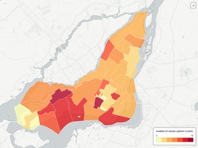 The darker the colour, the more library hours offered by the city of Montreal borough or suburb. See below for interactive version. Côte-St-Luc is the best place for book-lovers. The city borough with the worst hours? Côte-des-Neiges–N.D.G. Andy Riga / MONTREAL GAZETTE