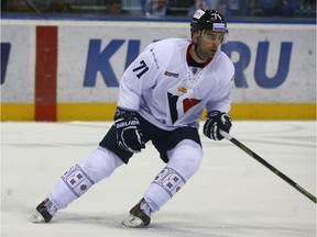 Former Canadien Louis Leblanc in action with Slovakia's Kontinental Hockey League team, Slovan Bratislava.