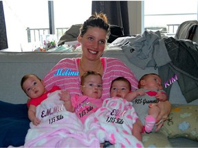 Mélina Forget and her quadruplets – Emma, Kate, Eva and Kim – who were born June 14, 2015.
(Photo courtesy  Jacques L'Heureux)