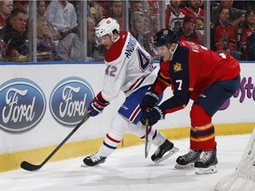 Dmitry Kulikovof the Florida Panthers defends against Sven Andrighetto of the Canadiens on Dec. 29, 2015, in Sunrise, Fla.