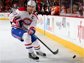 Max Pacioretty of the Montreal Canadiens passes the puck in the second period against the Philadelphia Flyers at the Wells Fargo Center on January 5, 2016 in Philadelphia, Pennsylvania.