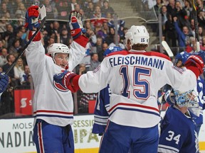 Tomas Fleischmann of the Canadiens celebrates his goal with teammate Daniel Carr against the Toronto Maple Leafs during an NHL game at the Air Canada Centre on Jan. 23, 2016, in Toronto.