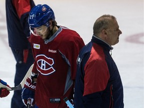 Alex Galchenyuk and Canadiens coach Michel Therrien cross paths during practice at the Bell Sports Complexe in Brossard, on Tuesday, January 12, 2016.