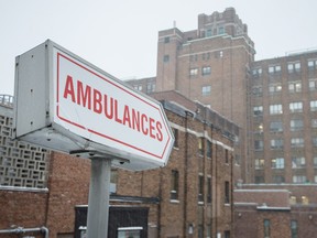 A sign for ambulances outside St-Mary's Hospital in the borough of Côte-des-Neiges--Notre-Dame-de-Grâce in Montreal on Tuesday, January 12, 2016.