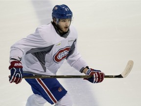 The Canadiens' Alex Galchenyuk tales part in practice at the Bell Sports Complex in Brossard on Jan. 13, 2016.