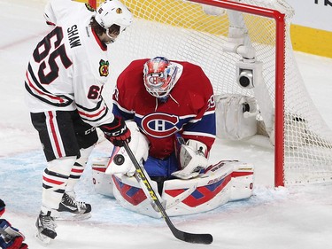 Chicago Blackhawks centre Andrew Shaw can't get past Montreal Canadiens goalie Mike Condon during first period NHL action in Montreal on Thursday January 14, 2016.
