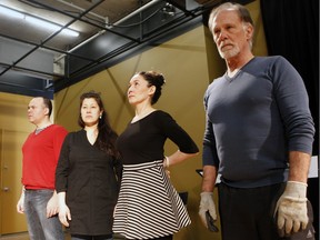 Pig Girl depicts unflinchingly the B.C. pig farm murders that took the lives of scores of women, many of them indigenous. The cast at a recent rehearsal, from left: Marcelo Arroyo, as the Police Officer, Julie Tamiko Manning as the Sister, Reneltta Arluk as the Dying Girl and Ron Lea as the Killer (now played by Graham Cuthbertson in a late casting change).