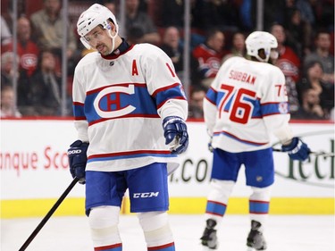 Montreal Canadiens Tomas Plekanec hangs his head following his team's 4-1 loss to the Boston Bruins during National Hockey League game in Montreal Tuesday January 19, 2016.