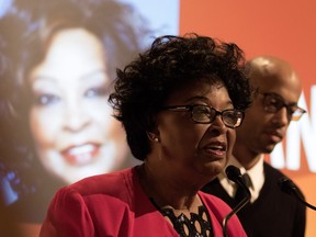 Jazz singer Ranee Lee, left, and rapper and historian Aly Ndiaye, also known as Webster, speak to the media during the launch of Montreal's 25th Black History Month at city hall in Montreal on Tuesday Jan. 19, 2016.