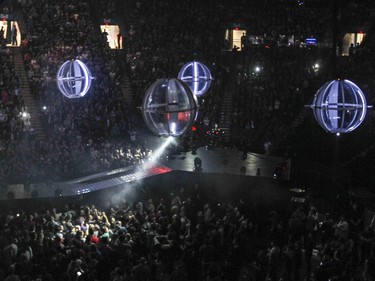 Drones fly above the crowd during Muse concert at the Bell Centre in Montreal Wednesday January 20, 2016.