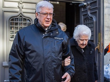 Céline Dion's mother, Thérèse Dion, leaves the visitation of her daughter's husband and manager, René Angélil, on Thursday January 21, 2016 at the Notre Dame Basilica in Montreal. Angélil died of cancer January 14, 2016 and will be lying in state until his funeral Friday, January 22.