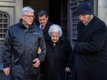 Céline Dion's mother, Thérèse Dion, leaves the visitation of her daughter's husband and manager, René Angélil, on Thursday January 21, 2016 at the Notre Dame Basilica in Montreal. Angélil died of cancer January 14, 2016 and will be lying in state until his funeral Friday, January 22.