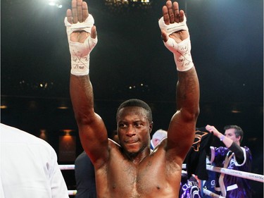 Custio Clayton celebrates his second technical knockout against Stanislas Salmon of France during boxing event at the Casino de Montréal, Thursday January 21, 2016.