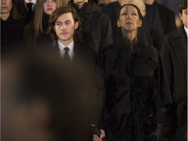 Céline Dion with her son René-Charles, after the funeral for husband and father, René Angélil, at  Notre Dame Basilica, in Montreal, Friday January 22, 2016.