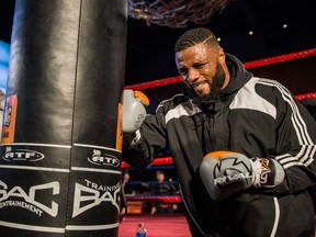 Jean Pascal, who fights out of Laval, takes part in a public training session held at La Cage aux Sports in Boucherville, south of Montreal on Monday, January 25, 2016. Pascal will face Russian fighter Sergey Kovalev for a rematch on January 30 at the Bell Centre. (Dario Ayala / Montreal Gazette)