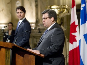 MONTREAL, QUE.: JANUARY 26, 2016 -- Canadian Prime Minister Justin Trudeau, left, and Montreal Mayor Denis Coderre address reporters at Montreal city hall, Tuesday January 26, 2016.  They discussed, among other things, the Mayor's opposition to the proposed Energy East pipeline.   (Phil Carpenter / MONTREAL GAZETTE).