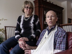 Gary Wagner, who broke his elbow in a fall on an icy sidewalk, had to wait for eight days for urgent orthopaedic surgery at the Montreal General Hospital. Wagner and his wife Kathleen Mahr, in their Westmount home, on Tuesday, January 26, 2016,