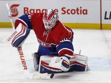Montreal Canadiens goalie Ben Scrivens makes a save against the Columbus Blue Jackets during NHL action at the Bell Centre in Montreal on Tuesday January 26, 2016.