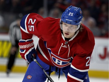 Montreal Canadiens left wing Jacob De La Rose waits for the puck to drop during a faceoff against the Columbus Blue Jackets during NHL action at the Bell Centre in Montreal on Tuesday January 26, 2016.