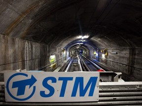 The Societe de transport de Montreal (STM) logo on a service vehicle inside the tunnels of the métro's Blue Line on January 28, 2011.