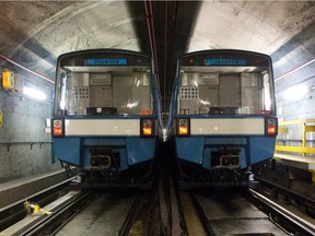 Two parked trains in the métro tunnels of the Blue Line during the STM's overnight work shift in Montreal on Friday, Jan. 28, 2011.