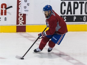 Canadiens centre Tomas Plekanec cuts across the red line during practice at the Bell Sports Complex in Brossard on Jan. 8, 2016.