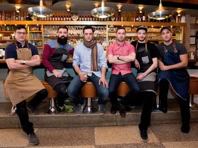Staff members Max Ruiz Laing, left to right, Alexis Grison, Charles-Antoine Crête, David Pagé, Dominic Lalonde and Marcio Concilio at Majestique in Montreal on Friday March 13, 2015. (Allen McInnis / MONTREAL GAZETTE)