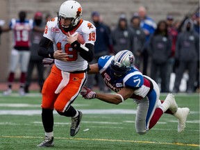 "It's not a lot of recovery time for your body. In order to perform well, you've got to rest," Alouettes rush-end John Bowman, hauling down Lions' Travis Partridge in 2014, says of Montreal having to play three games in 11 days in 2016.