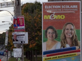 School board election signs on Somerled Ave. in the N.D.G. area of Montreal, on Tuesday, October 14, 2014.