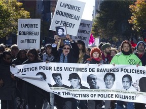Demonstrators In October 2010 march to protest the deaths of Fredy Villanueva and others at the hands of Montreal police. A coroner's report into Villanueva's 2008 death recommended that the police department publish data that tracks instances of racial profiling by police.