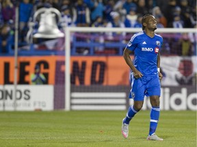 The Impact's Didier Drogba returns to the field after being hurt during game against Toronto FC at Montreal's Saputo Stadium on Oct. 25, 2015.
