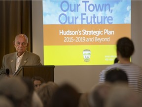 Hudson Mayor Ed Prévost listens as a resident asks a question concerning the town's strategic plan, during a presentation by the town at the Stephen Shaar Community Centre in Hudson, Quebec Saturday, September 19, 2015. (Peter McCabe / MONTREAL GAZETTE)
