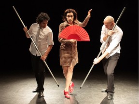 Myriam Allard, Miguel Medina, left, and Hedi Graja in Moi and les Autres: the red fan is its only nod to the traditional trappings of flamenco.