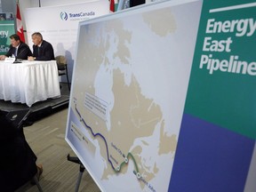 The Energy East pipeline proposed route is pictured as TransCanada officials speak during a news conference in Calgary, on Aug. 1, 2013.