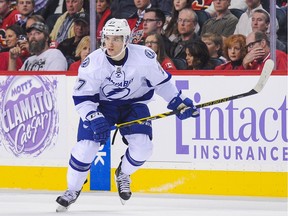 Jonathan Drouin of the Tampa Bay Lightning skates against the Calgary Flames during an NHL game at Calgary's Scotiabank Saddledome on Oct. 21, 2014.
