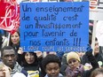 French-language public school teachers demonstrate in Montreal, Wednesday, September 30, 2015, where they protested against government austerity cuts.