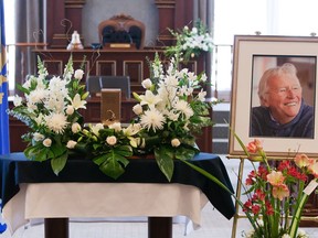 The casket of former Quebec City mayor Jean-Paul L'Allier is seen at Quebec City Hall, Friday Jan. 8, 2016.