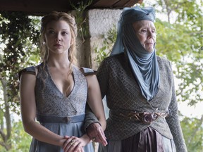 Diana Rigg, right, in a scene from Game of Thrones with Natalie Dormer. How did Rigg get to be 77?