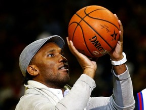 Former Chelsea footballer Didier Drogba in action on court during a break in the 2016 NBA Global Games London match between Toronto Raptors and Orlando Magic at The O2 Arena on Jan. 14, 2016 in London, England.