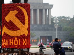 A decoration with a Vietnam's hammer and sickle near the mausoleum of late president Ho Chi Minh, January 2016.